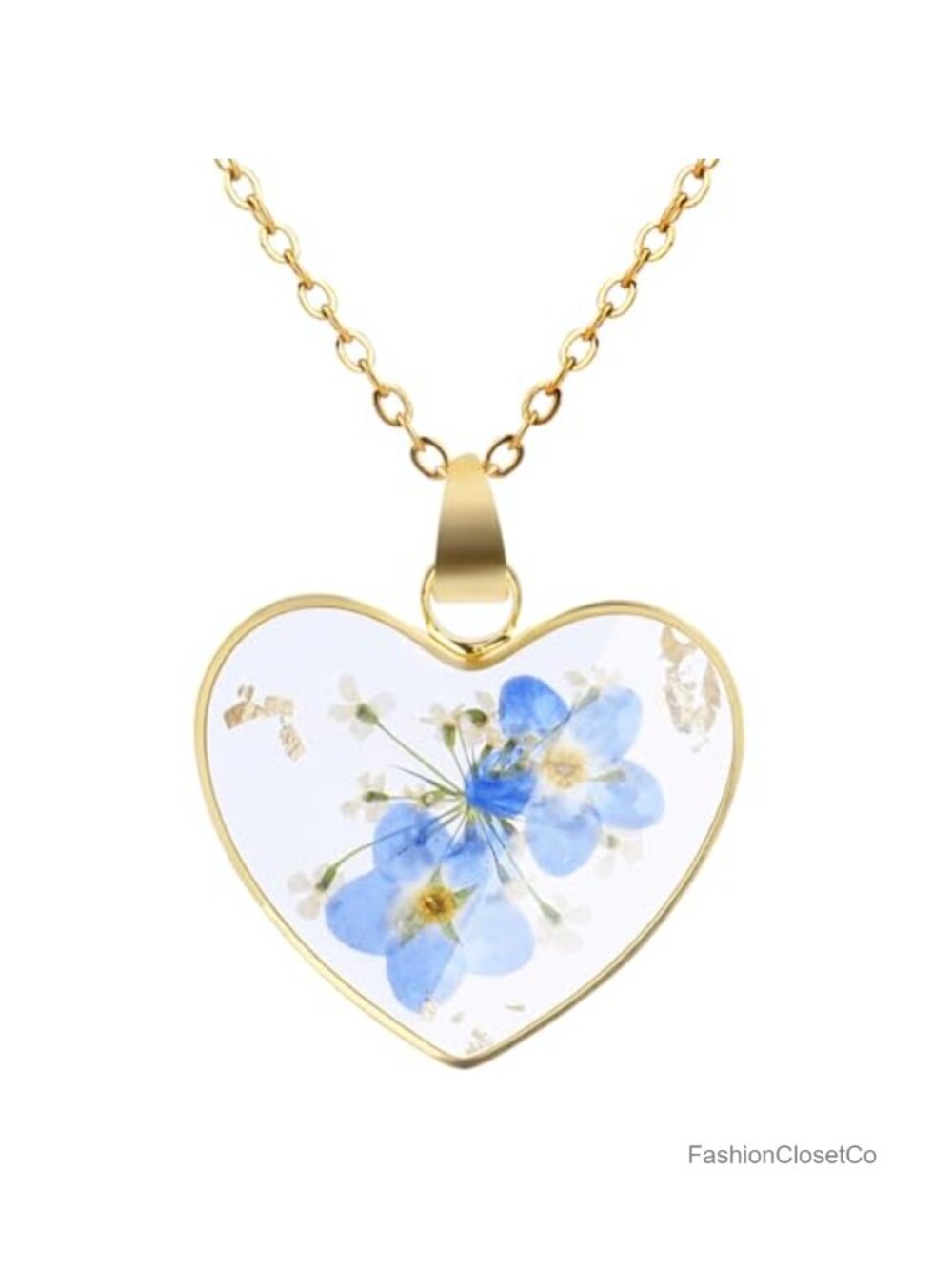 18K Gold Plated Pressed Wildflower Heart Pendant Necklace Handmade Gift